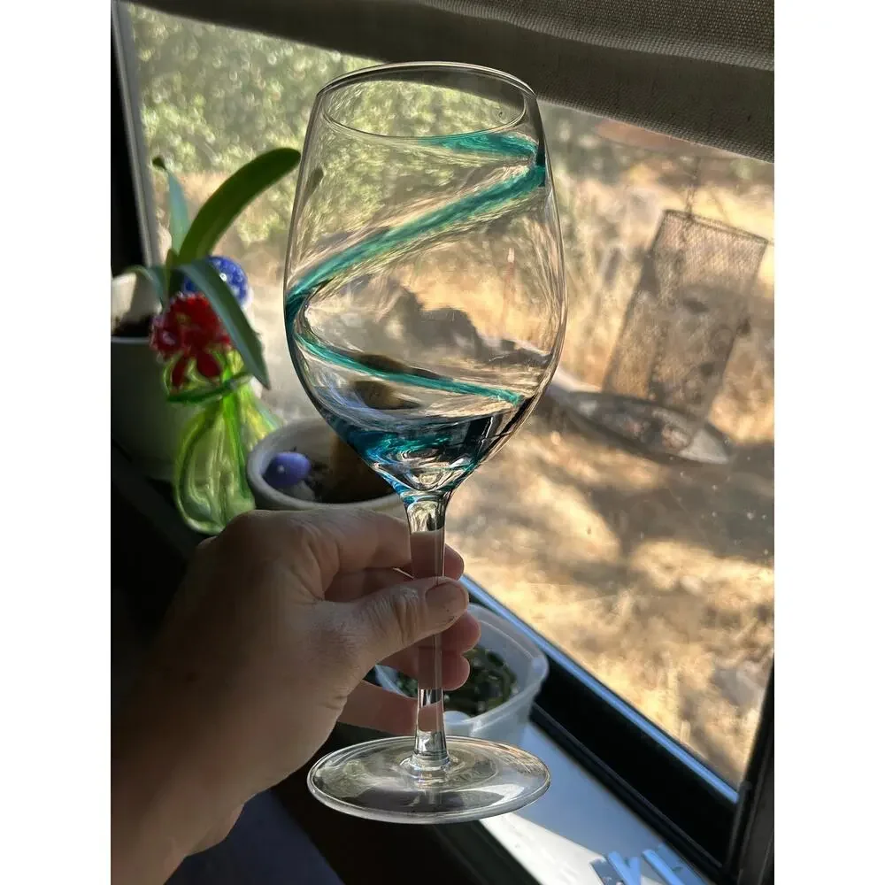 2 Pier 1 Russell & Company teal blue swirl wine glasses